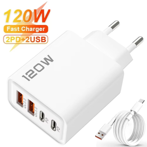 4 Port 120W USB C Fast Charger Station PD QC3.0 Wall Adapter Data Cable For iPhone Samsung Xiaomi Huawei EU US UK Plug Travel