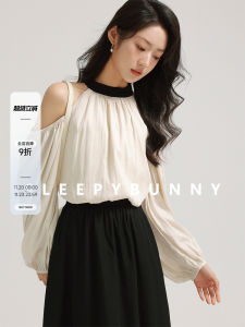 French Style Sleepy Rabbit Peach Color Lantern Sleeve Womens Shirt Spring Season Loose Fit Long Sleeve Neck Hanging Top
