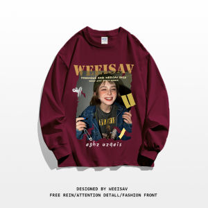 Trendy Cotton Long Sleeve T-Shirt Mens Spring Autumn American Style Oversize Letter Print Retro Top Ins Loose Fit round Neck