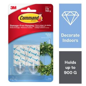 3M Command Clear Medium 2 Hooks with Clear Medium 4 Adhesive Strips and Durable Plastic Construction for Weights of up t