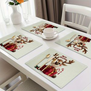 VIKAMA 4-Piece Christmas Reindeer Gold-Edged Placemats Holiday Gathering Family Dining Table Decorative Accessories