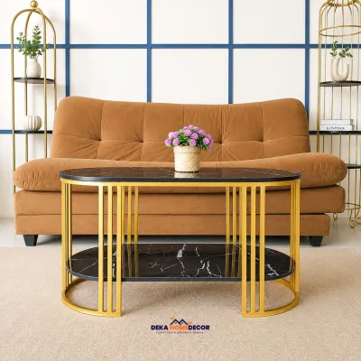 Meja Tamu Oval Grasella Besi Gold Modern Motif Marmer Mewah Furniture Rumah Ruang Tamu Minimalis Meja Kopi