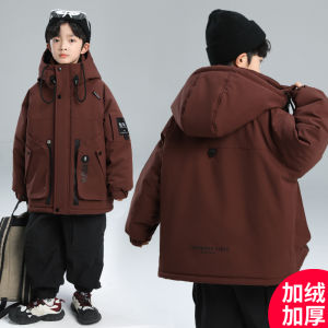 Thickened Fleece Winter Jacket for Boys Childrens Casual Style Polyester Fiber Coat with Hood Zipper Closure Autumn Winter