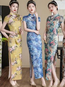 Elegant Chinese Style Cheongsam Dress Floral Print Daily Wear High Slit Performance Show off Stage Long Slit Nylon Spandex