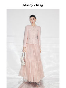 Pink Wool Short Jacket with Diamond Buttons and Waist-Cinching Design
