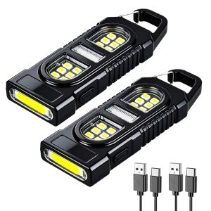 Aitemay 2 chiếc Móc KHóa Đèn làm việc đèn pin móc khóa túi không thấm nước COB LED sạc USB C cầm tay cho cắm trại câu cá đi bộ đa dụng