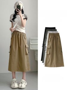 Khaki Workwear Skirt Womens Summer Thin High Waist Half-length A-line Slimming Small Umbrella Skirt Commute Polyester Fiber