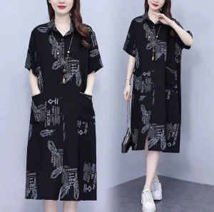 Mid-Length Plus Size Womens Fashion Dress Casual Summer 2024 New Style Loose Fit Polyester Fiber Printed Shirt Dress