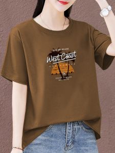 ผู้หญิง ผ้าฝ้าย เสื้อยืดแขนสั้น หลวม Fit หลากหลาย พรางหุ่น ฤดูร้อน ทันสมัย คอกลมพิมพ์ความยาวปานกลาง เสื้อท่อนบน