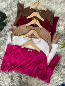 [ MHO ] เสื้อยืดเรย่อน คอกลม แขนยาว ฟรีไซส์ เข้ารูป นุ่มนิ่ม เด้ง ใส่สบาย รอบอกก่อนยืด 34" ยืดได้ถึง 40 ยาว 23