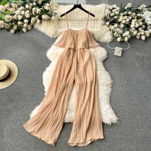 INS Vacation Style Jumpsuit Womens Sweet Lotus Leaf Bandeau Slim-Fit Long Heavy Industry Pleated Sling Wide-Leg Pants