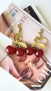 Fashion Cherry Luxury Keychain  with Glittering Crystal Imitation Fruit Pendant Suitable for Car Creative Key Ring Handbag Pendant Womens Bag