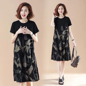 Fashionable Mid-Length Loose Womens Dress Summer New Style plus Size Conceals Belly A-Line Korean Style Polyester Fiber