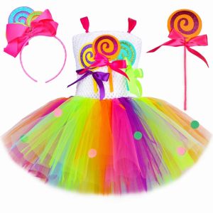 Girls Rainbow Candy Themed Performance Clothes Tulle Princess Fluffy Maxi Dress for Birthday Parties Kids Festival Outfit