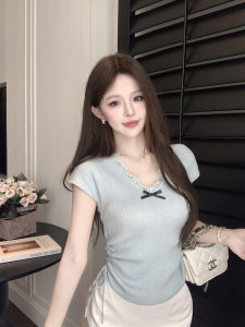GUZILIAN | Womens V-Neck Drawstring Short Sleeve Knitwear Summer Butterfly Knot Slim Fit Short T-Shirt Design Lace Trim Top Korean Style