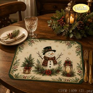 VIKAMA Christmas Snowman Pair Placemat Red Scarf Holly Table Mat Dining Kitchen Holiday Home Decor Aesthetic Art Large Premium