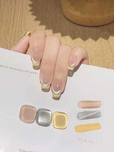 Handmade Detachable French Cat Eye Nail Tips Oxygen Sweet Sister Dopamine Yellow Wearable False Nails White Enhancing Manicure