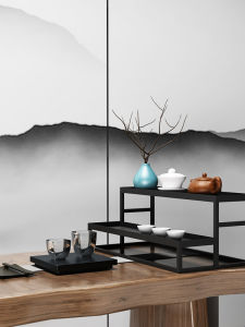 Japanese Style Iron Art Tea Set Storage Display Shelf Dual Layer Tea Pavilion Buxue Rack Gongfu Tea Accessories Holder