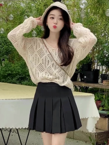 Womens Thin Hollow Knitted Sweater Spring New Loose Lazy Style Long Sleeve Air Conditioning Top V-neck Solid Color