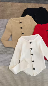 MODAMYTH LS22 - Atasan Lengan Panjang Wanita Cardigan Atasan Knitwear Kancing/Aksesoris Pita Outerwear Korean Style