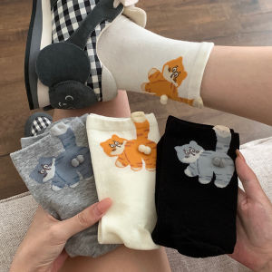 2pcs Cartoon Cute Cat Balls Cotton Socks Kawaii Hand Knitting Socks Women Girls Middle Tube Sleep Sock Cat Print Floor Sock