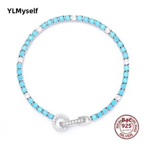 Vòng Tay Tennis Bạc 925 YLMyself 3mm Đính Đá Turquoise & Zircon Khóa Dạng Pave Dành Cho Nữ Món Quà Trang Sức Cao Cấp