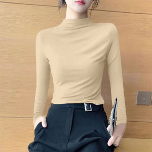 Slim Fit Long Sleeve Half High Collar Base Shirt Womens Inner Wear Thin Pure Color Versatile Top Korean Style Commute Fashion