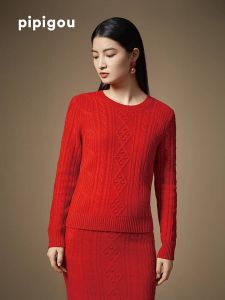 เสื้อสเวตเตอร์คอตั้งทรงหลวมสีแดง ผ้าขนสัตว์เนื้อนุ่ม ทรงเข้ารูป แขนยาว ปกติ สำหรับผู้หญิง ฤดูหนาว 2023 ฤดูหนาว