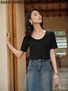 Basic House Womens Short Sleeve T-Shirt U-Neck Versatile Inner-and-Outer Wear Summer New Style Polyester Viscose Spandex