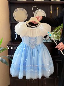 Princess Dress Childrens mid Waist Soft Cotton Summer Birthday Gift Dress Bubble Sleeve Butterfly Knot Ice Princess Dress