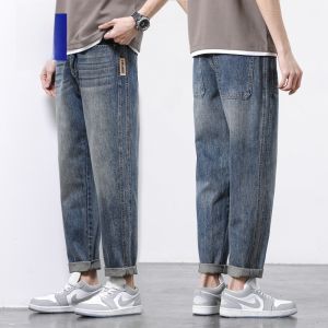 ROMON | Romon Mens Summer Thin Casual Jeans Loose Straight Leg Washed Elastic Nine-Tenths Long Trousers Youth Wear Cotton Polyester Blend