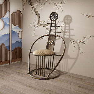 New Chinese Style Chair Creative Guzheng Metal round-Backed Armchair Living Room Retro Buddha Chair Art Armchair Palace Chair Zen Pipa Tea Chair