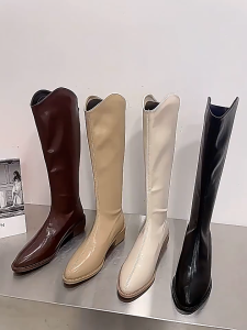 Womens Pointed Toe Boots With Low Heel Casual Zipper V-neck Knee High Boots