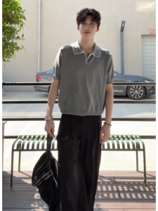 Áo Thun Polo Tay Ngắn Thêu Họa Tiết Lúa Mì Màu Xám Cho Nam Mùa Hè Phong Cách Mỹ Cổ Polo Thêu Nút Áo Thun Cleanfit