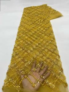 Beautiful Nigerian Sequins Party Lace African Beads Lace Fabric 2026 High Quality 5Yards African French Tulle Net Lace Fabric
