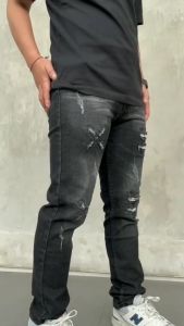 Celana Jeans Pria Sobek Lutut Motif 22 Ripped Jeans AFR99 Denim Premium Black Retro