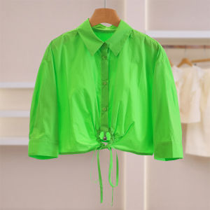 Ribbon Hem Decorated Single Button Short Plain Blouse