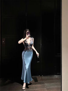 ชุดเดรสยาวคอวีแขนกุดทรงเอผ้าซาตินสไตล์ฝรั่งเศส ชุดราตรีสุดหรู ชุดราตรีวันเกิดสำหรับผู้หญิง เดรสยาวคอวีแขนกุด