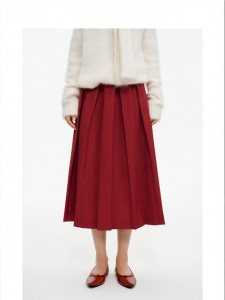 Wool Blend Red A-Line Pleated Skirt Warm Slimming