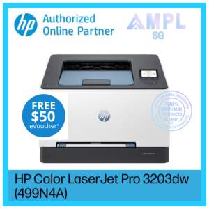 New Launch HP Color LaserJet Pro 3203dw (499N4A) | Free $50eCapitaVouchers | Print only | Wireless | Automatic duplex printing | HP Toner 222A Black Cyan Yellow Magenta 222X | 3-year local Singapore manufacturers warranty provided directly by HP. | 3202