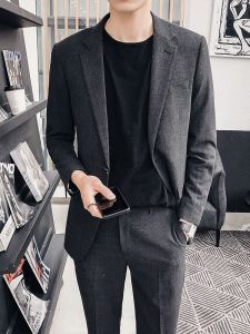 ชุดสูทผู้ชาย ทรงสลิมฟิต ทรงหลวม แขนยาว ปกติ ชุดสูทลำลอง เสื้อเชิ้ตลายทาง สไตล์เกาหลี ทรงหลวม ชุดสูทลำลอง
