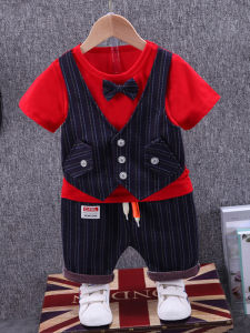 Summer Infant Boys Fashionable Short Sleeve Suit Set Birthday Outfit Cotton Blend Fabric Easy Care British Style Striped Design