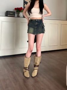 Beautiful Girl กระโปรงกางเกงยีนส์สไตล์สาว Y2K SIZE/S-5XL/เอวสูงมีซับในผ้ายีนส์ น่ารักสไตล์เกาหลีใหม่ ผ้ายืด(AV82)