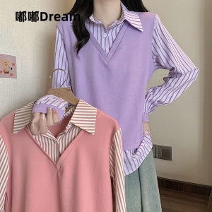 plus Size Womens Fashion College Style Striped Long Sleeve Shirt Patchwork Fake Two-Piece Sweatshirt Top Spring Autumn New Arrival