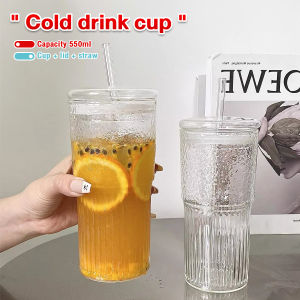 ItemMart 550ml Creative Glass Water Cup with Straw and Lid Juice Milk Tea Coffee Cold Drink Mug
