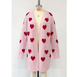 Autumn Winter Women Loose Knitted Sweater Hearts Fashion Pink Long Sleeve Coat Elegant V Neck Loose Crochet Warm Jumper Clothing