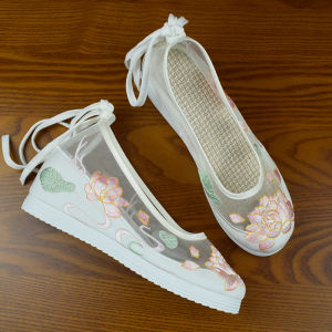 Elevated Summer Hanfu Womens Shoes Embroidered Mesh Slip-On High Heels Traditional Chinese Style round Toe Rubber Outsole