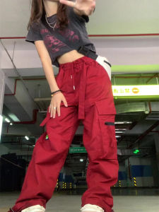 กางเกงทำงานสีแดงสไตล์ฮิปฮอปย้อนยุคสไตล์อเมริกัน กางเกงขายาวทรงตรงลำลองสำหรับผู้หญิง ดีไซน์สตรีท เอวสูง ฤดูร้อน 2023