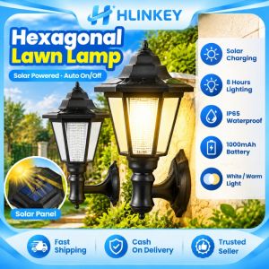 Hlinkey 2pcs retro hình lục giác Đèn tường năng lượng mặt trời ngoài trời không thấm nước IP65 LED Đèn lồng ngoài vườn 1000mAh pin cổ điển phong cách Châu Âu Đèn treo tường cho sân
