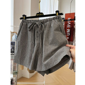 กางเกงขาสั้นทรงเอเอวสูงสไตล์เกาหลีสำหรับผู้หญิง ทรงตรง ทรงหลวม ทรงบาง ลายทาง ทรงลำลอง ฤดูร้อน 2024 กางเกงขาสั้นผ้าโพลีเอสเตอร์